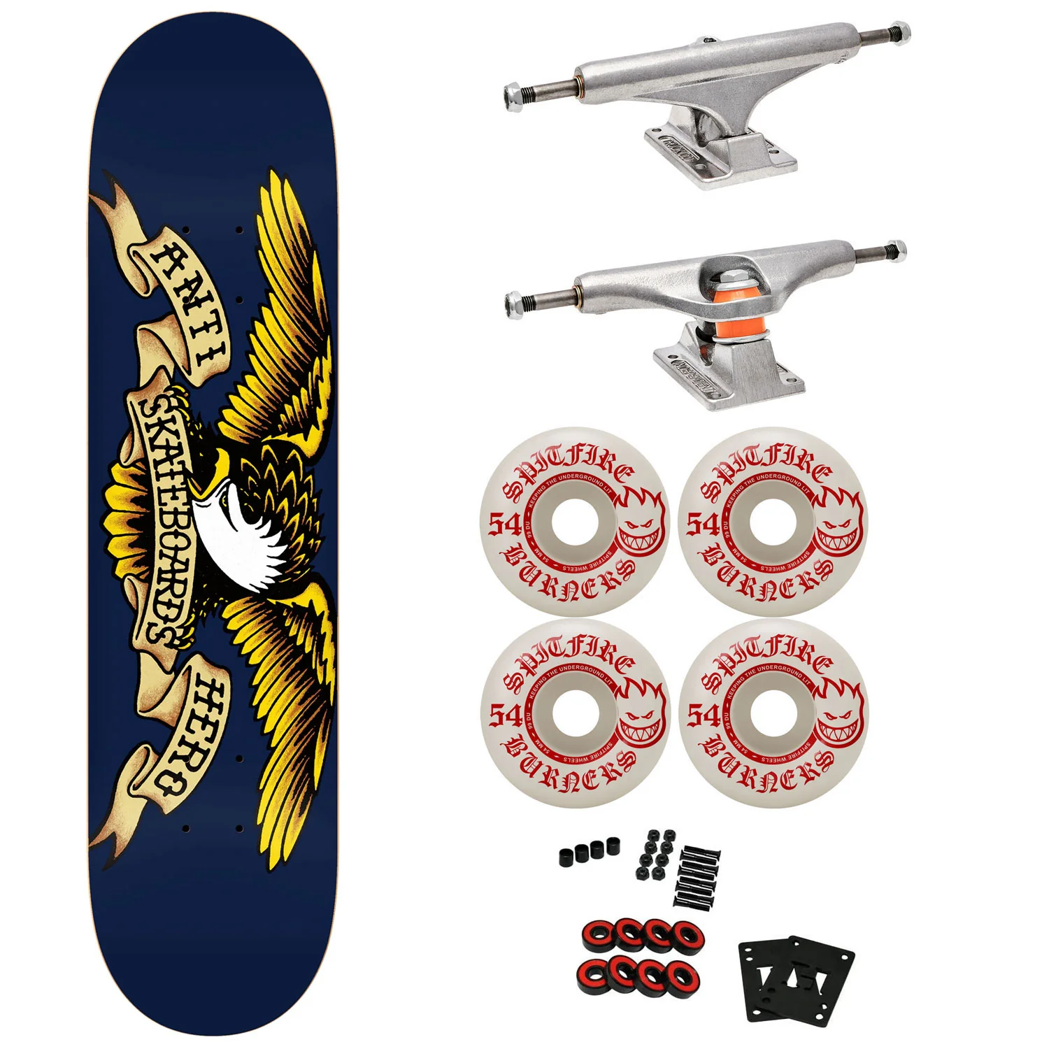 Anti Hero Premium Skateboard with Indy Trucks, Spitfire Wheels 8.5" Classic Eagle