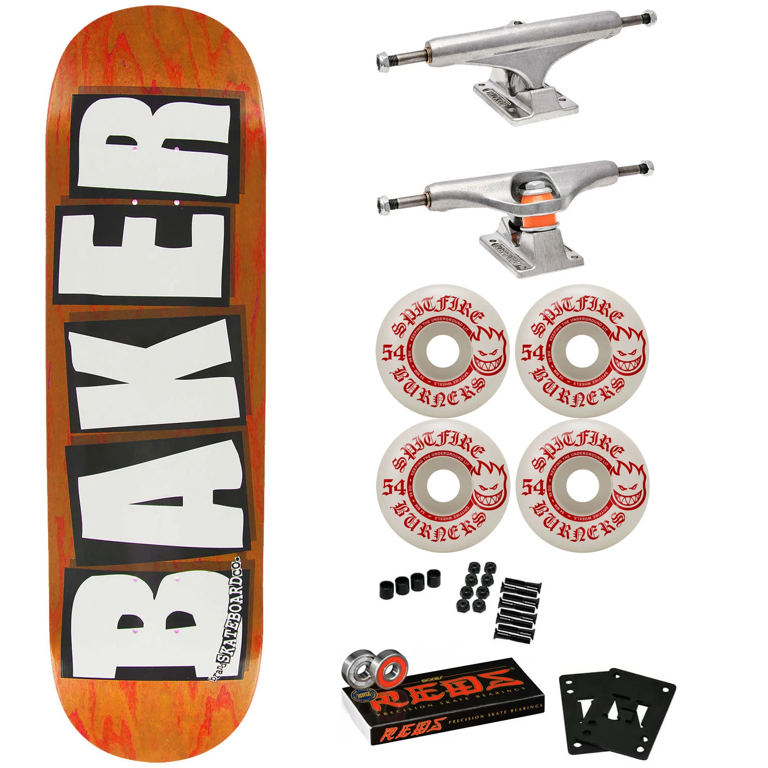 Baker Skateboard Complete B2 Orange 8.25" Spitfire, Independent, Bones Reds