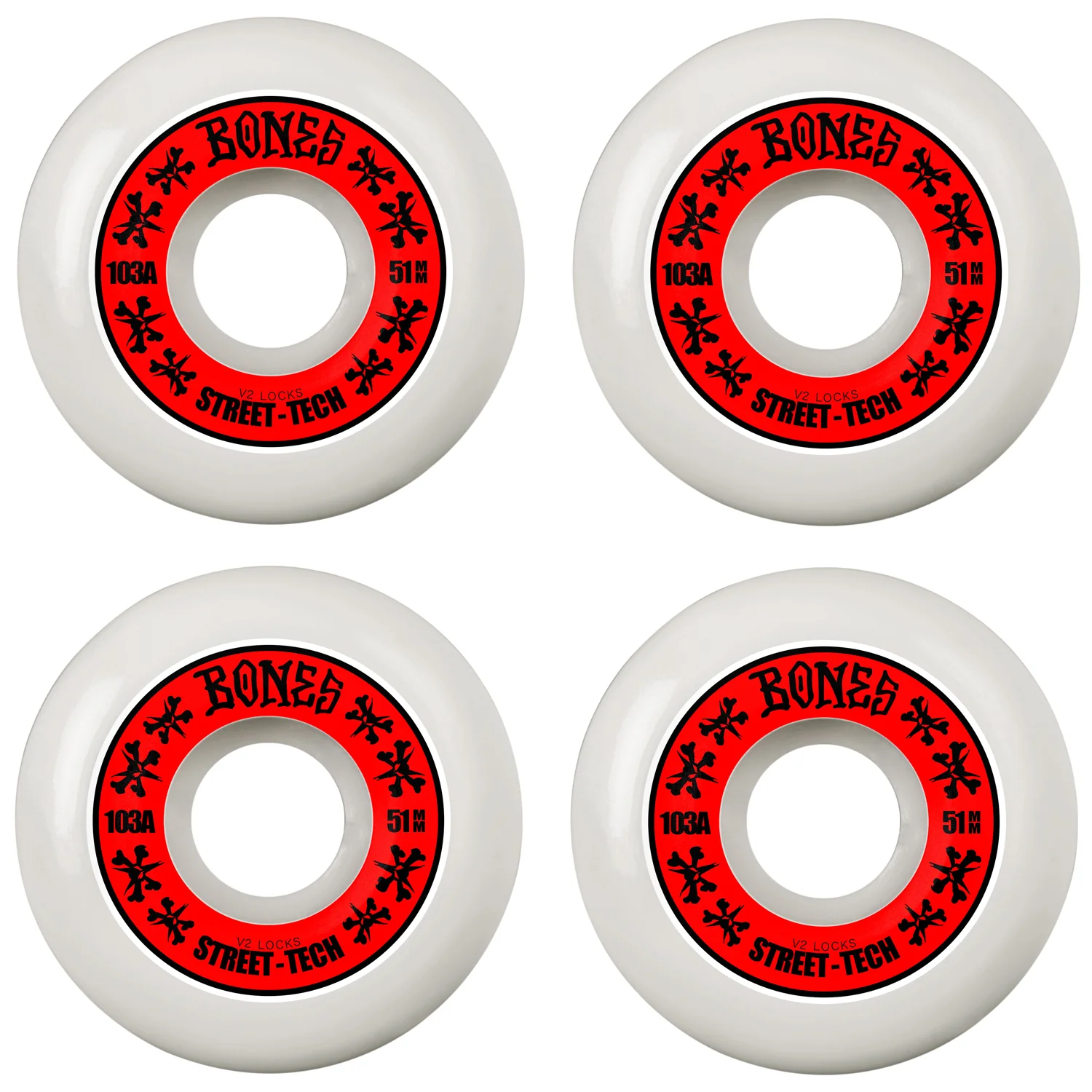 Bones Skateboard Wheels 51mm STF V2 Locks 103A White