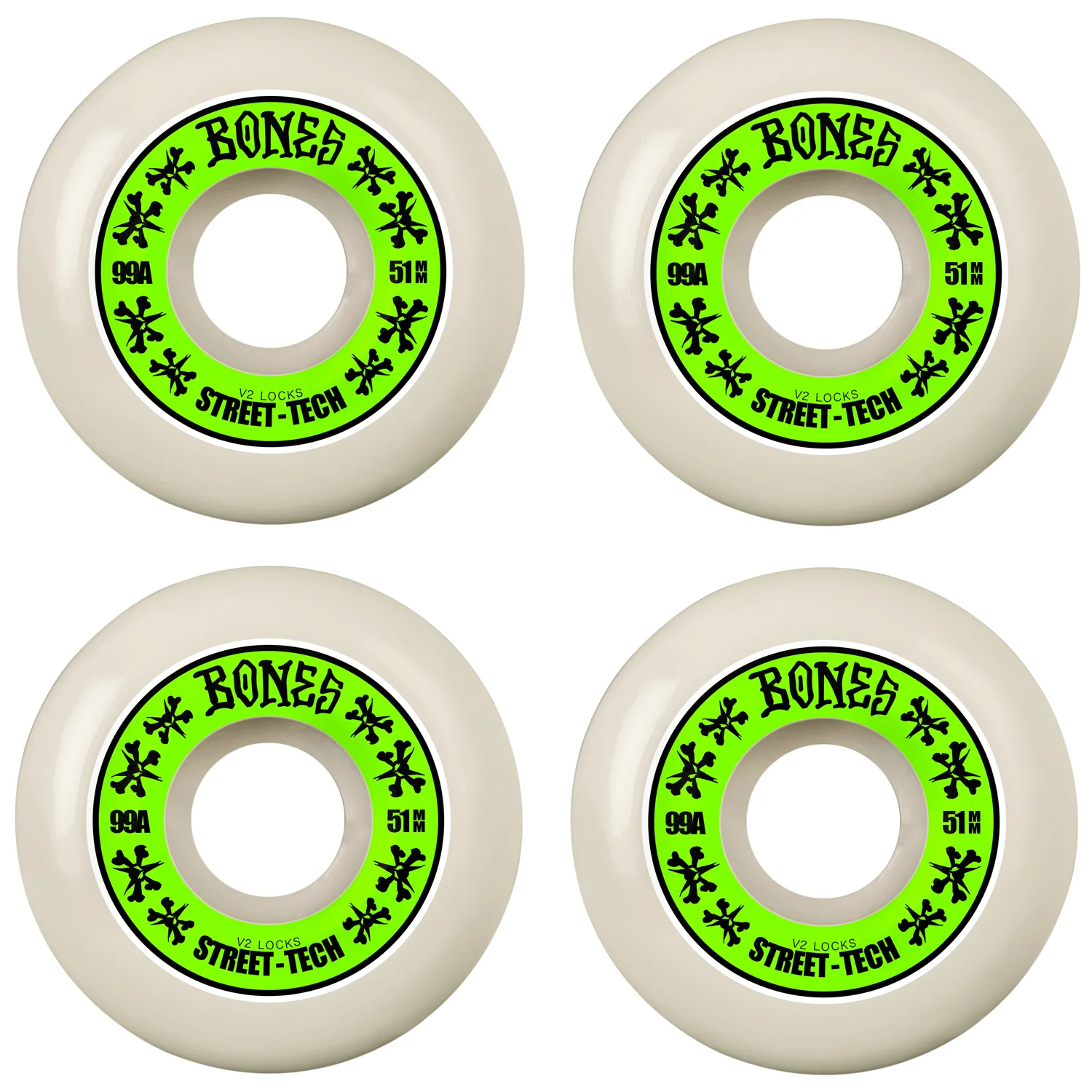 Bones Skateboard Wheels 51mm STF V2 Locks 99A White