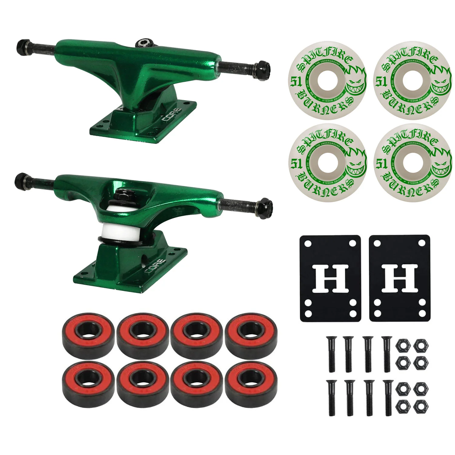 Core Hollow Skateboard Trucks 7.75" + 51mm Spitfire Burners Wheels, Abec 5 Bearings