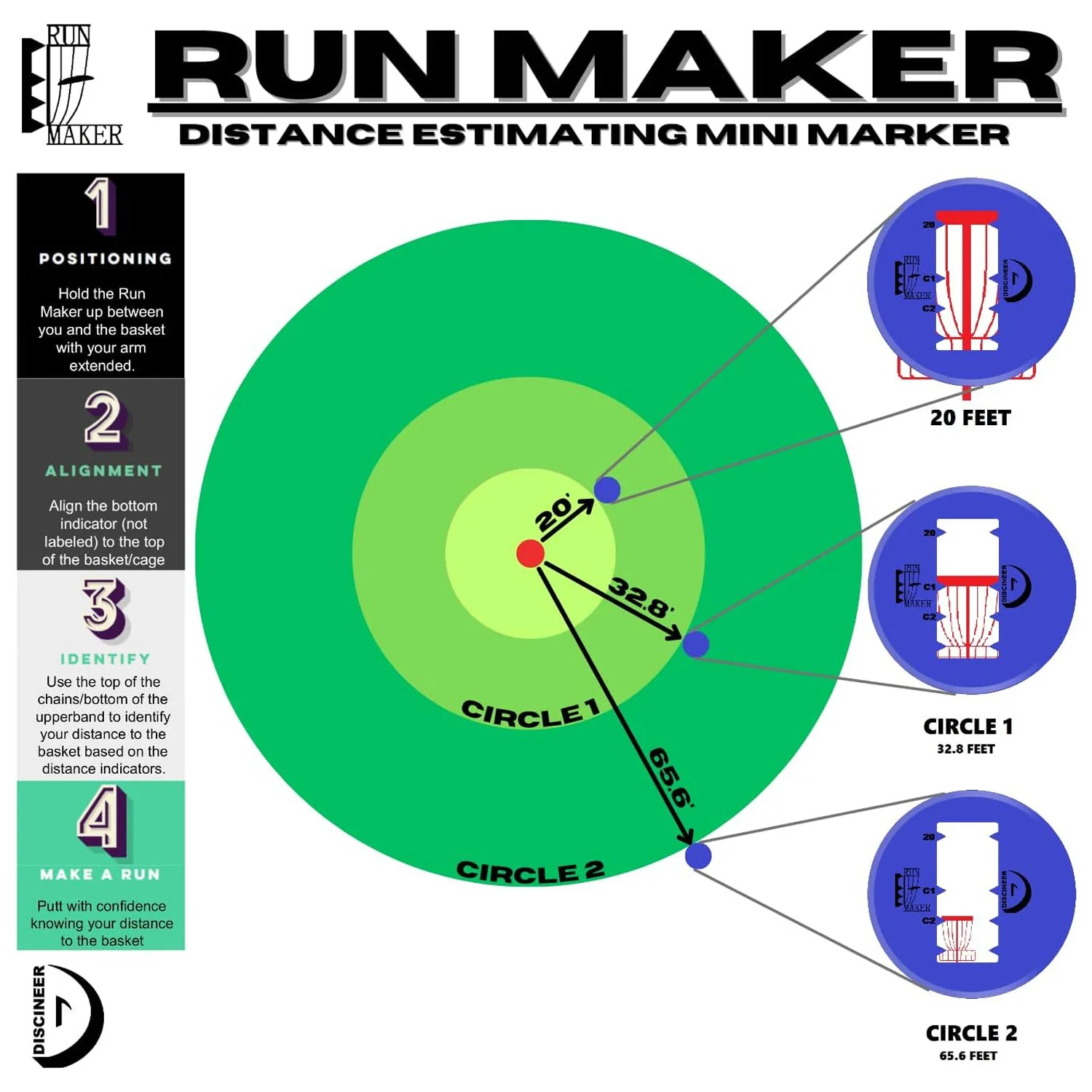 Discineer Run Maker Disc Golf Distance Estimating Mini Marker for Circle 1 & 2