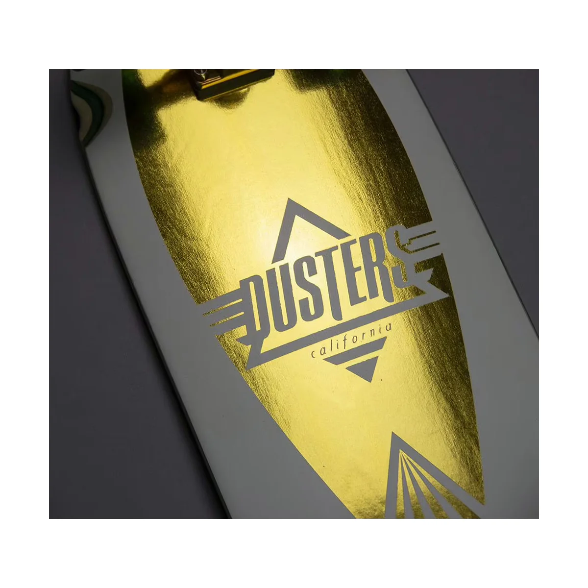 Dusters California Skateboard Cruiser Cazh 8.75" x 29.5" Gold Foil and UV Reactive Ink - Image 3
