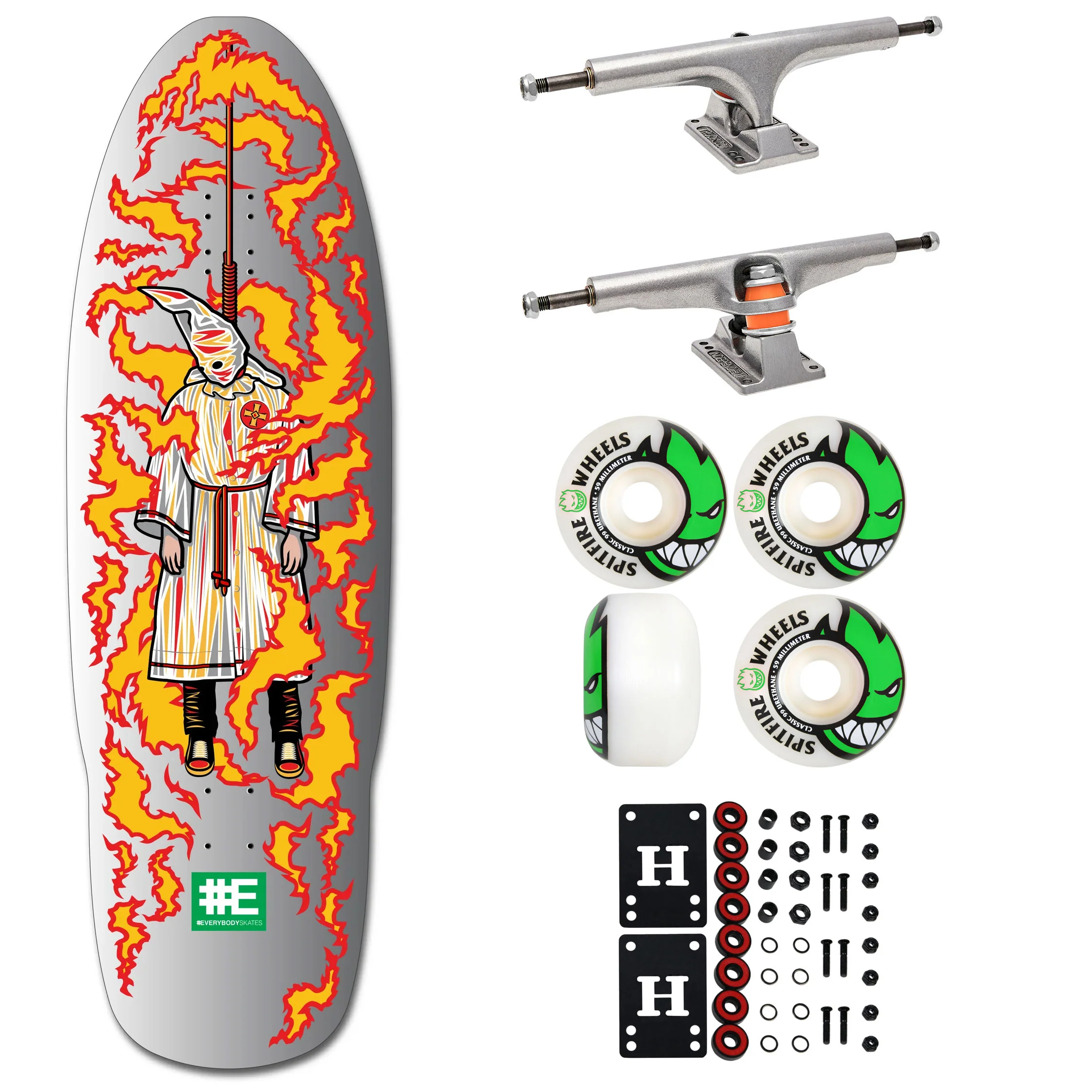 Everybody Skates Skateboard Complete Burning Klansman Big Board Silver 12.3" x 40" with Independent Trucks, Spitfire Wheels