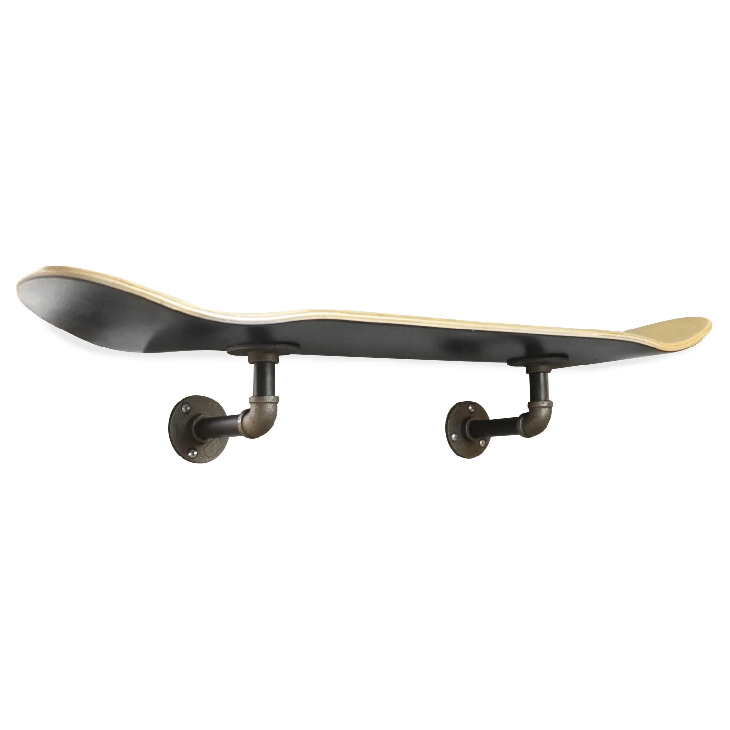 Floating Industrial Style Maple Skateboard Deck Shelf with Pipe Mounting System 7.75" Stained Black Bottom - Image 2