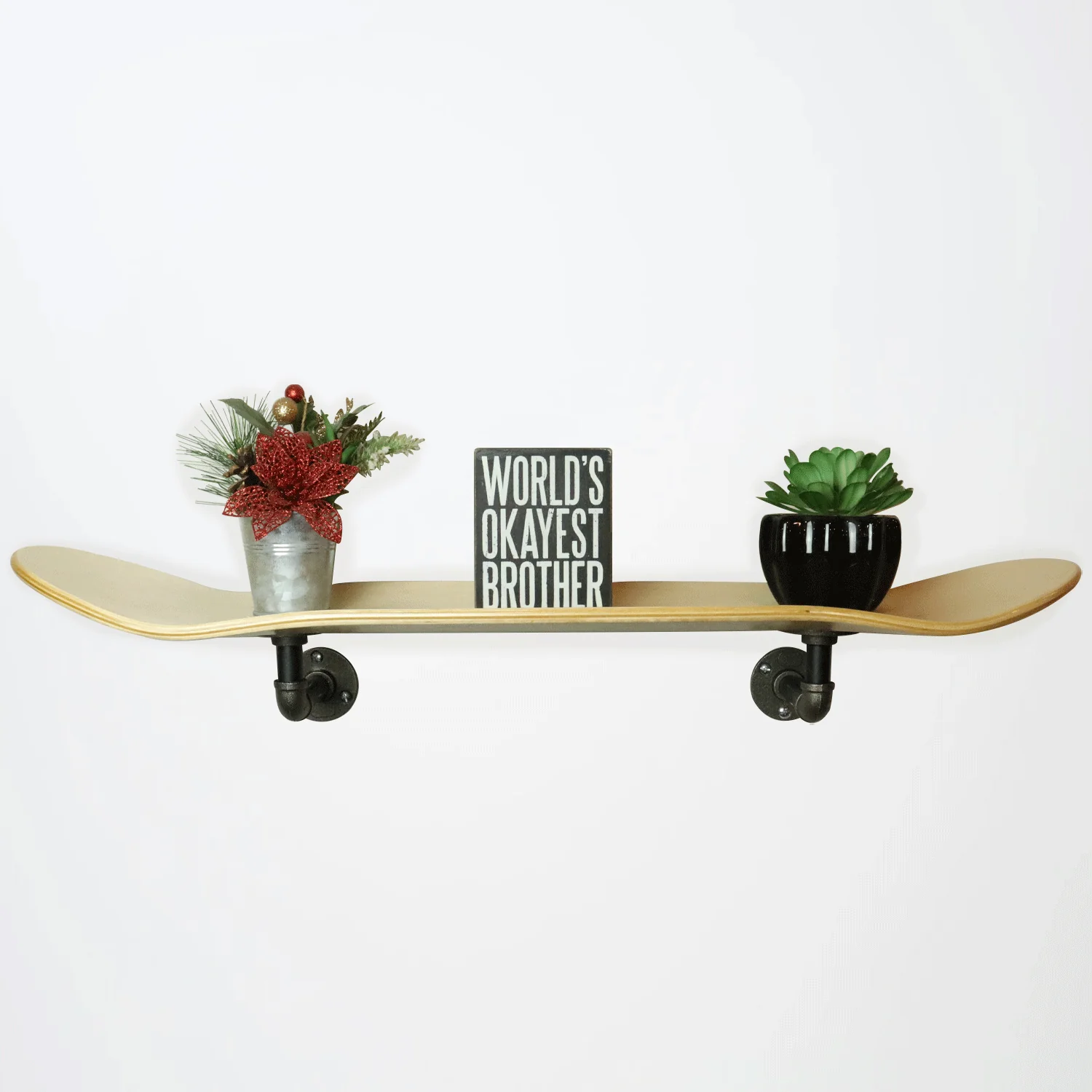 Floating Industrial Style Maple Skateboard Deck Shelf with Pipe Mounting System 7.75" Stained Black Bottom - Image 3