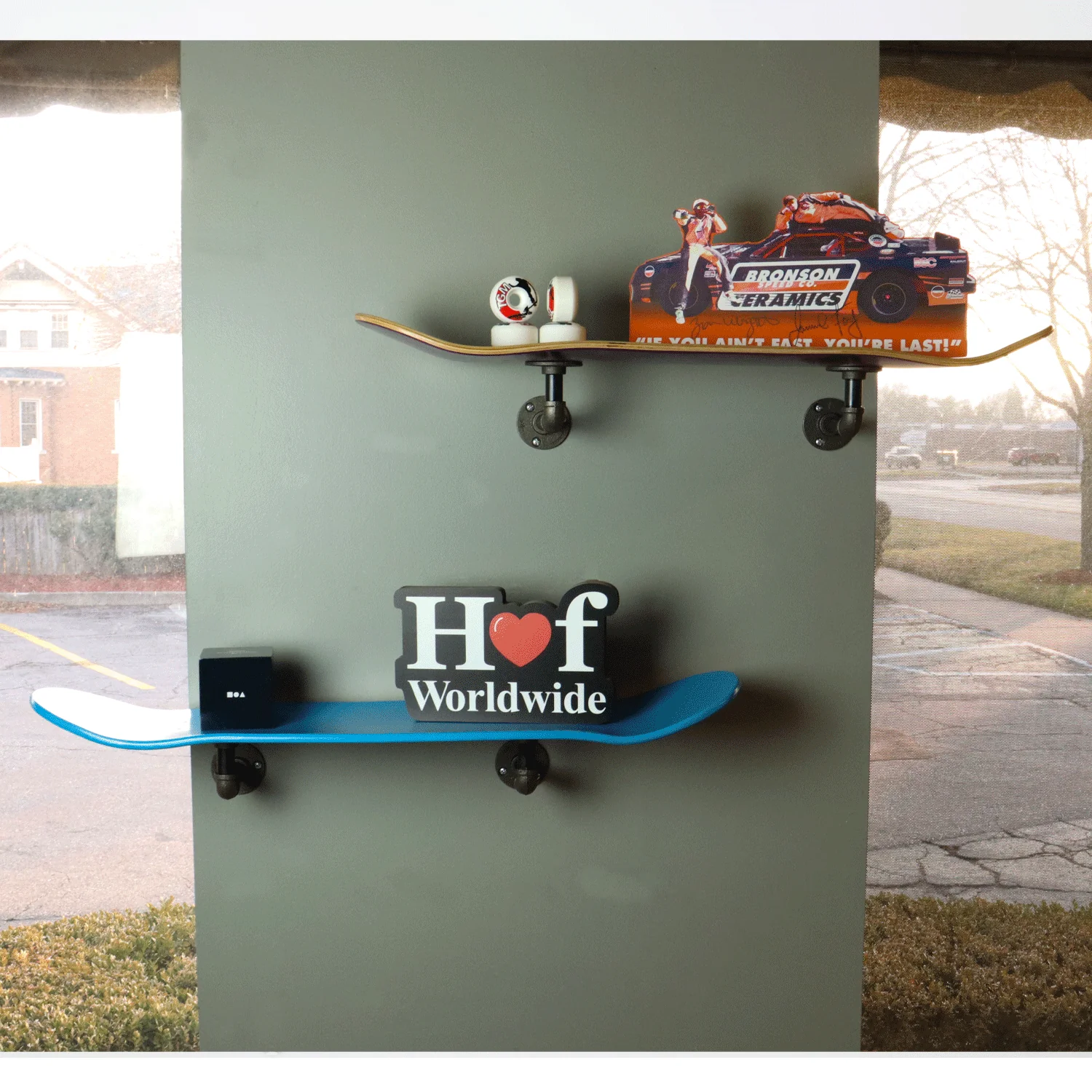 Floating Industrial Style Maple Skateboard Deck Shelf with Pipe Mounting System 7.75" Stained Purple Bottom - Image 4