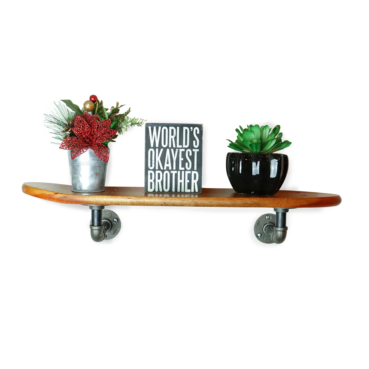 Floating Industrial Style Vintage Mahogany Skateboard Deck Shelf with Pipe Mounting System – Custom Made Indoor Skate Shelving - Image 2