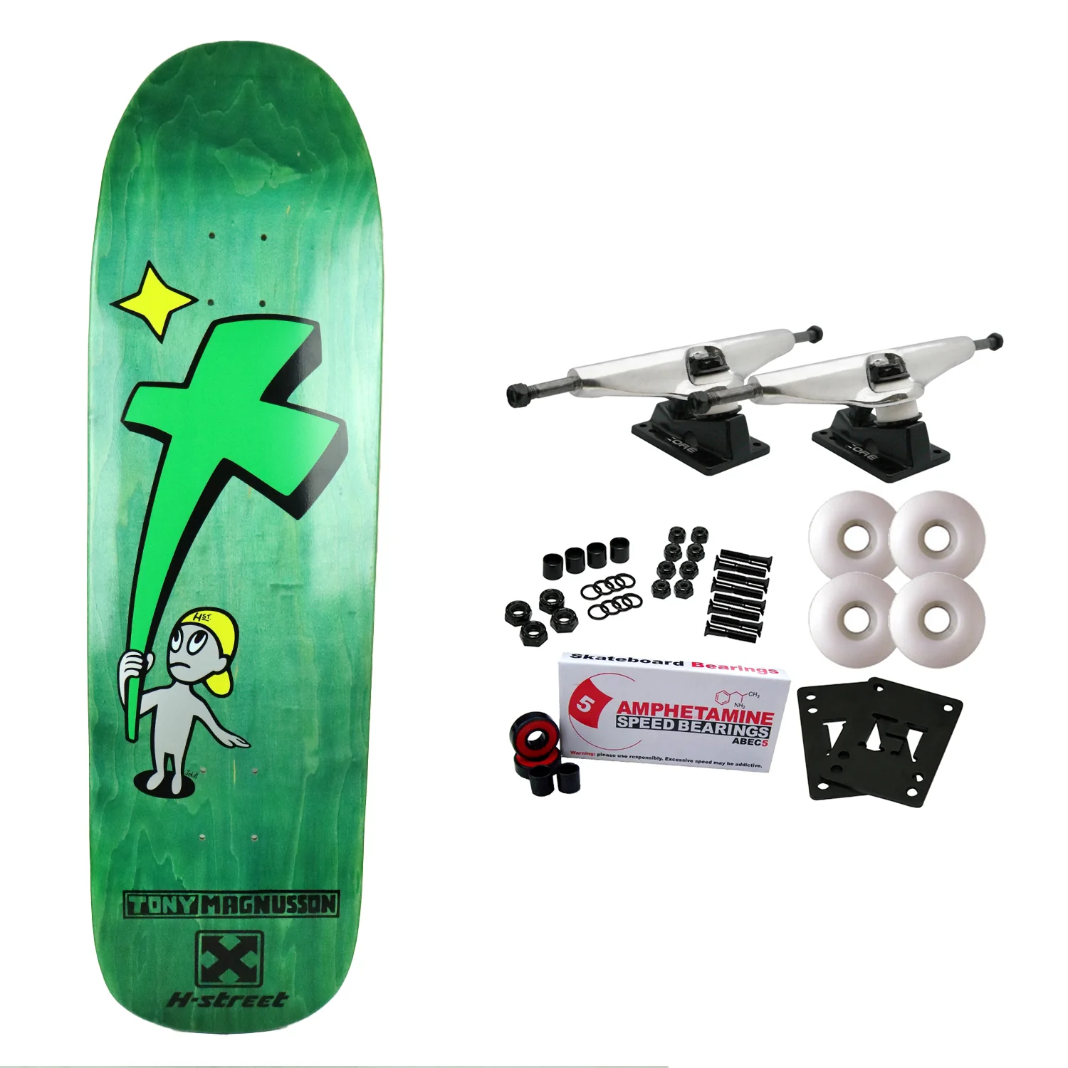H-Street Skateboard Complete Tony Mag Kid & Cross 9.0" x 32.5" Green Old School