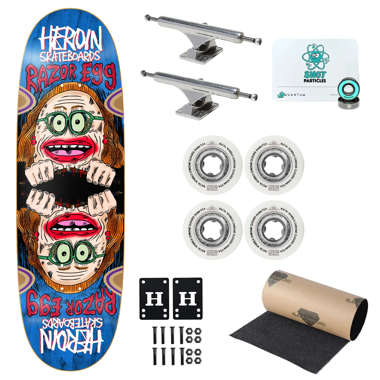 Heroin Premium Skateboard Complete Auntie Razoregg (Assorted) Slappy Trucks Ricta Wheels and Quantum Snot Particles Bearings