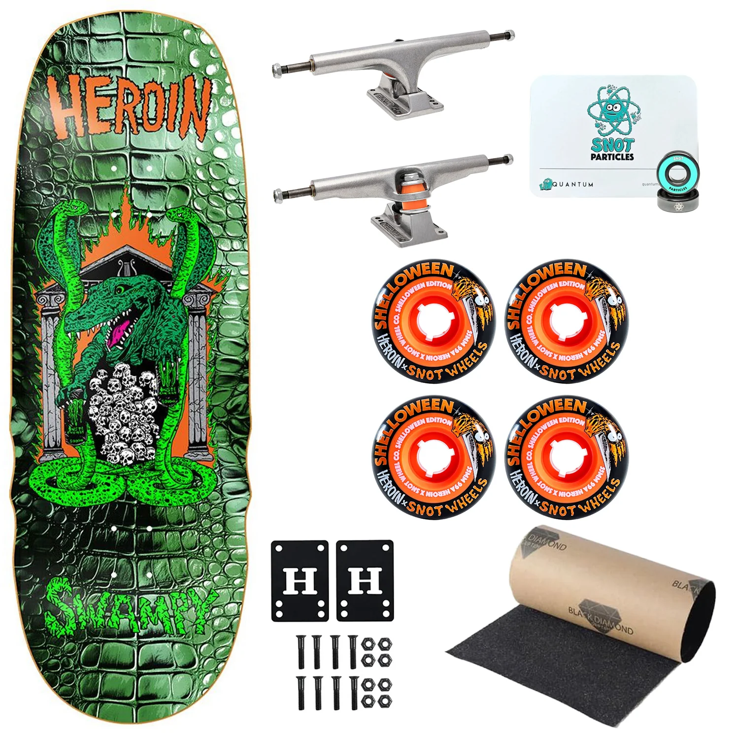 Heroin Premium Skateboard Complete Swampy Knock Off 10.6" x 32.1" Independent Trucks Snot Wheels and Quantum Snot Particles Bearings