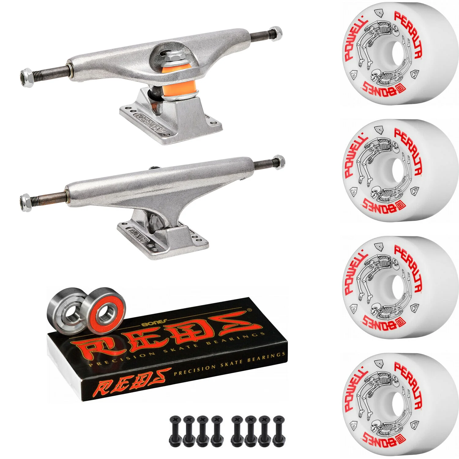 Independent Skateboard Package - 149 (8.5") Trucks, Powell Peralta G-Bones White Wheels, Bones Reds