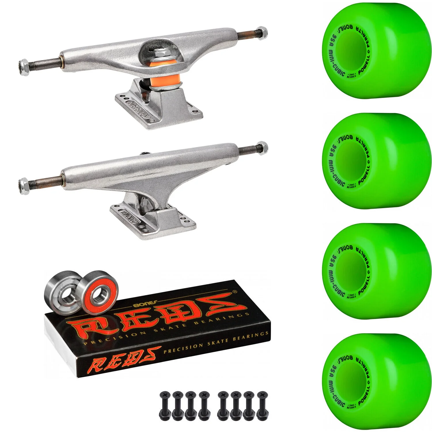 Independent Skateboard Package - 149 (8.5") Trucks, Powell Peralta Mini-Cubic Green Wheels, Amp 5 Bearings