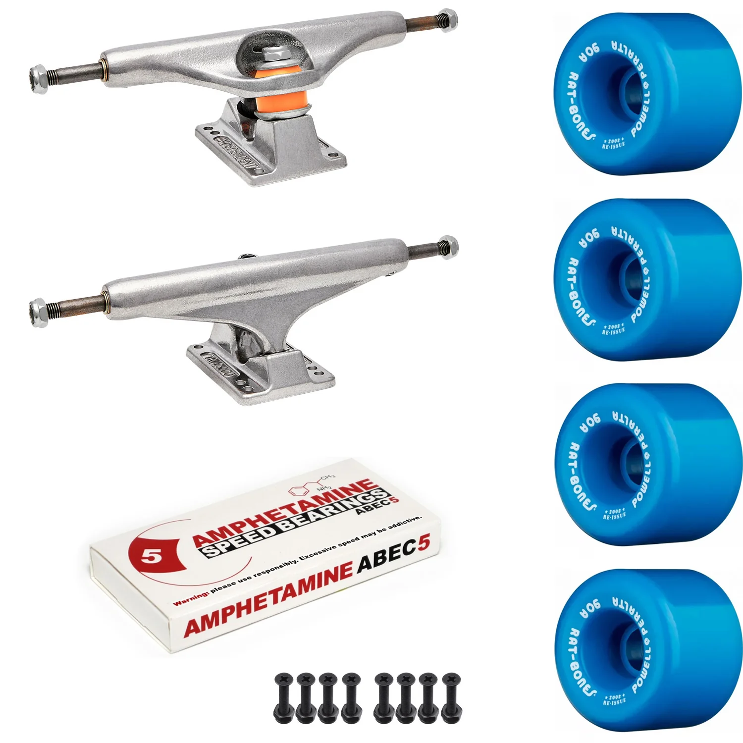 Independent Skateboard Package - 149 (8.5") Trucks, Powell Peralta Rat Bones Blue Wheels, Amp 5 Bearings