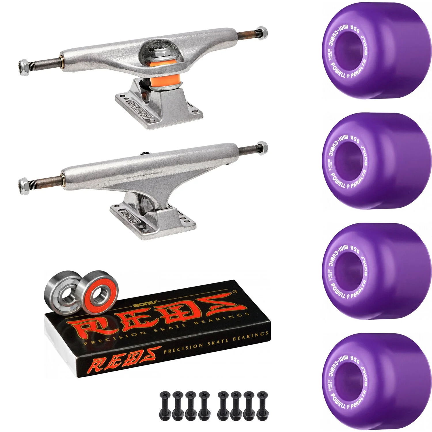 Independent Skateboard Package - 159 (8.75") Trucks, Powell Peralta Mini-Cubic Purple Wheels, Bones Reds