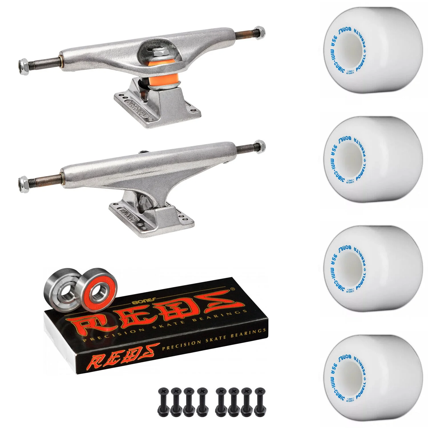 Independent Skateboard Package - 159 (8.75") Trucks, Powell Peralta Mini-Cubic White Wheels, Bones Reds