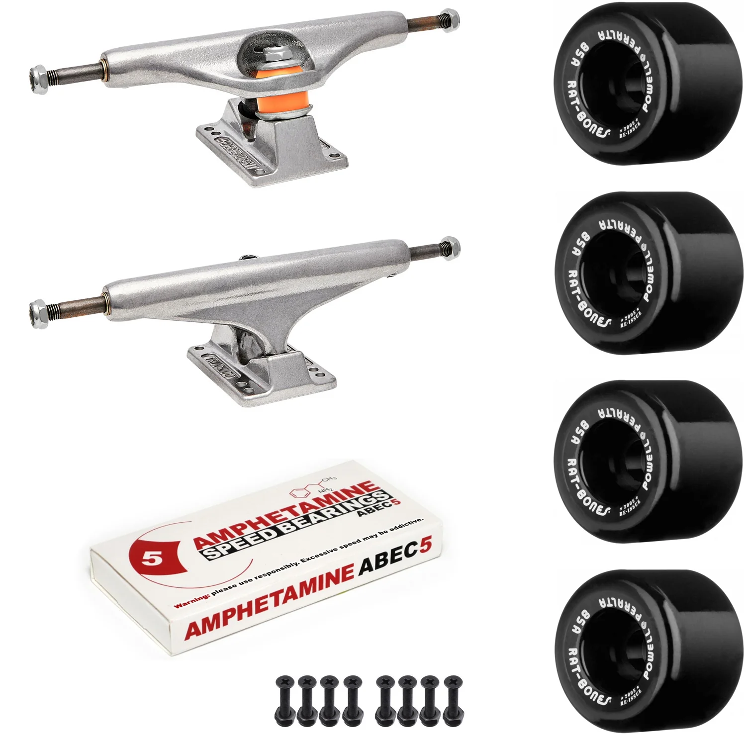 Independent Skateboard Package - 159 (8.75") Trucks, Powell Peralta Rat Bones Black Wheels, Amp 5 Bearings