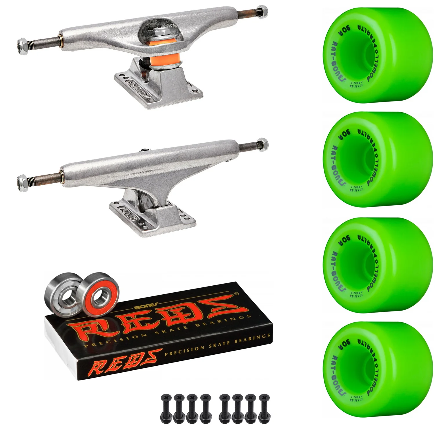 Independent Skateboard Package - 159 (8.75") Trucks, Powell Peralta Rat Bones Green Wheels, Bones Reds