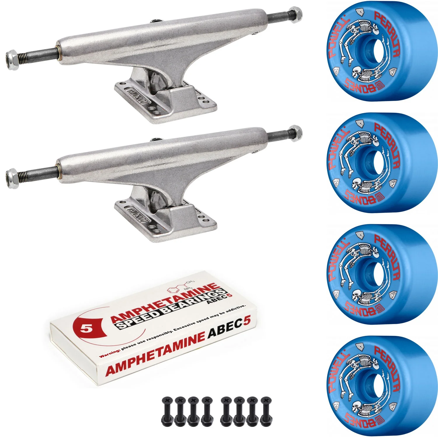 Independent Skateboard Package - 169 (9.12") Trucks, Powell Peralta G-Bones Blue Wheels, Amp 5 Bearings