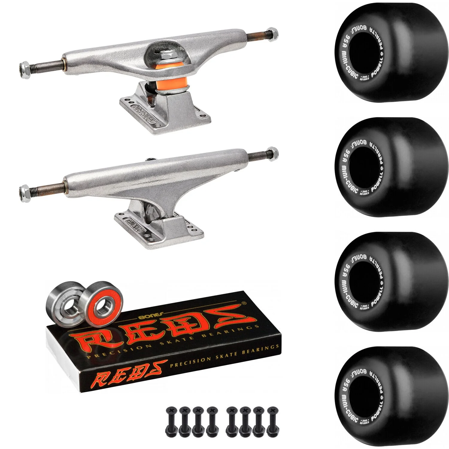 Independent Skateboard Package - 169 (9.12") Trucks, Powell Peralta Mini-Cubic Black Wheels, Amp 5 Bearings
