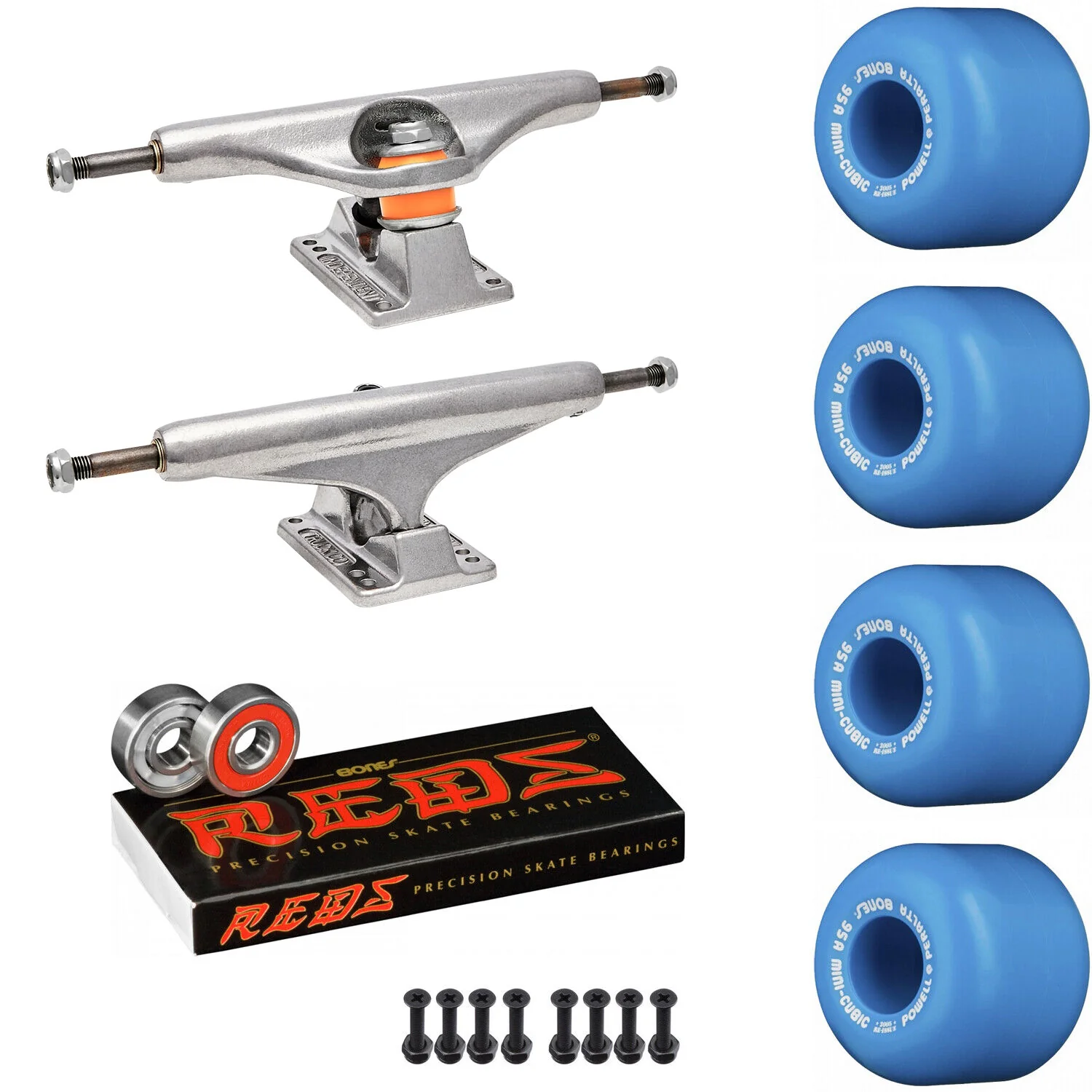 Independent Skateboard Package - 169 (9.12") Trucks, Powell Peralta Mini-Cubic Blue Wheels, Amp 5 Bearings
