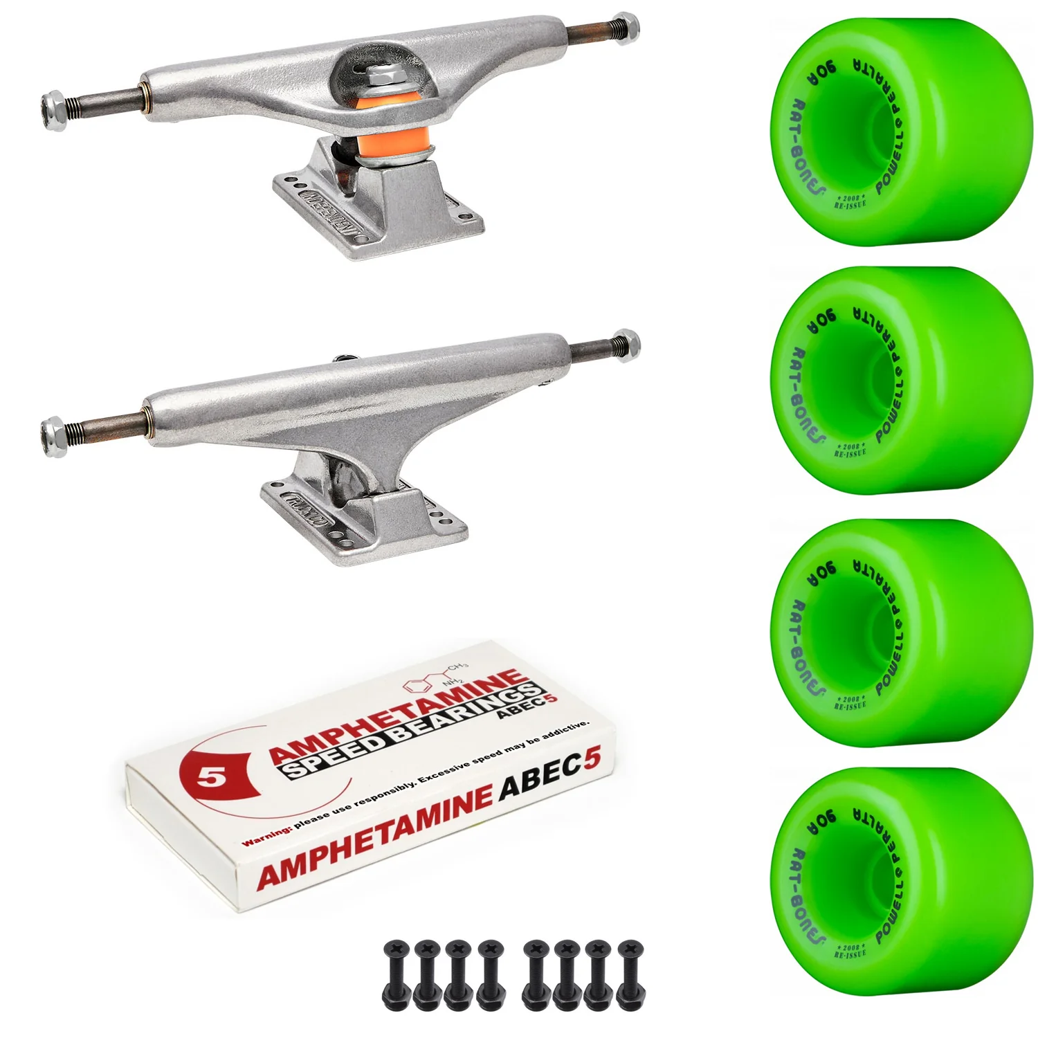 Independent Skateboard Package - 169 (9.12") Trucks, Powell Peralta Rat Bones Green Wheels, Amp 5 Bearings