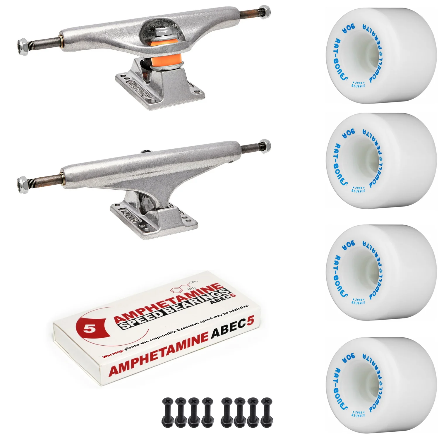 Independent Skateboard Package - 169 (9.12") Trucks, Powell Peralta Rat Bones White Wheels, Amp 5 Bearings