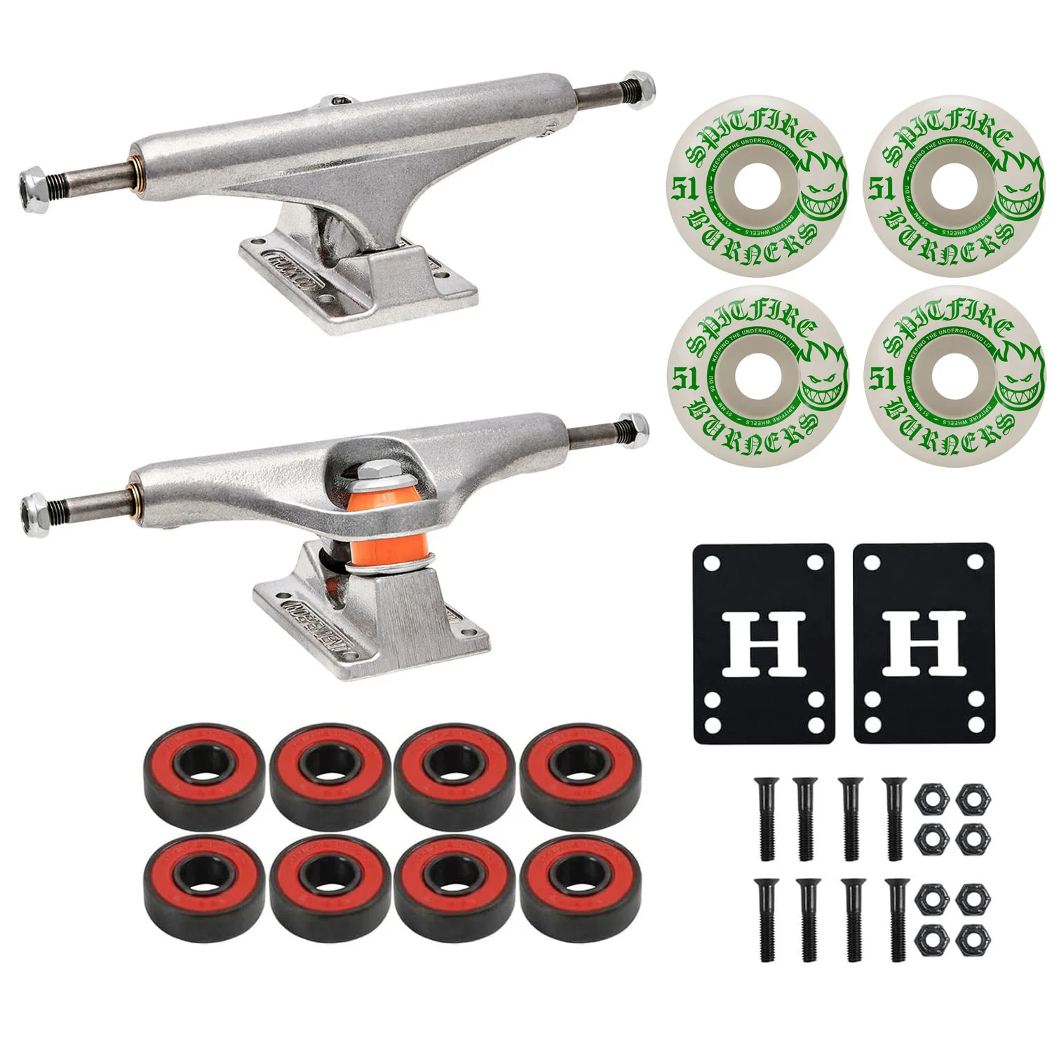 Independent Skateboard Trucks 129 Mid + 51mm Spitfire Burners Wheels, Abec 5 Bearings