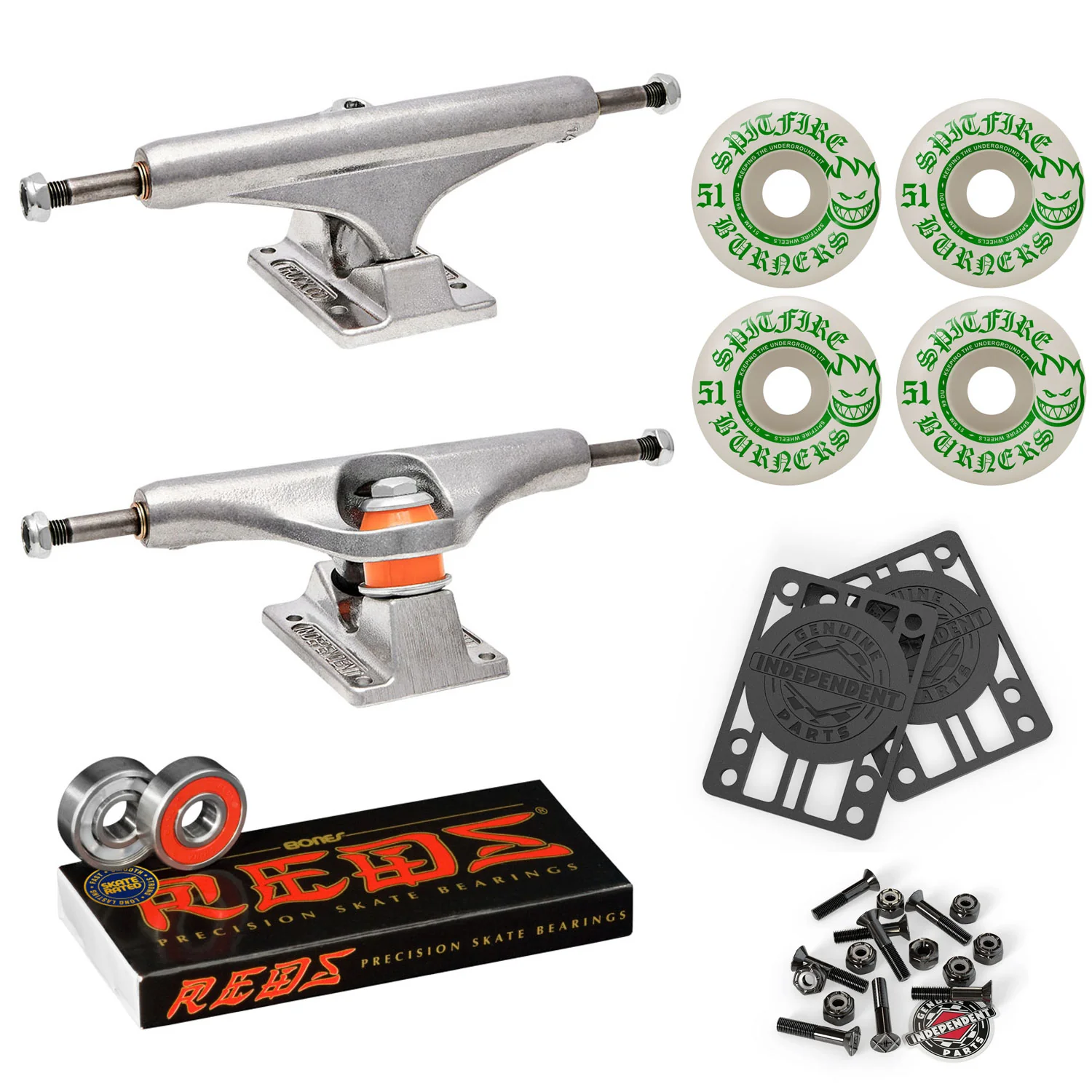 Independent Skateboard Trucks 129 Mid + 51mm Spitfire Burners Wheels, Bones Bearings