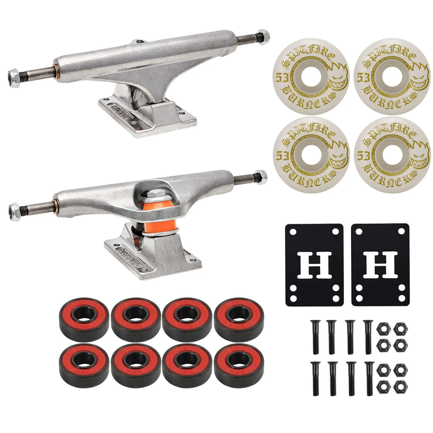 Independent Skateboard Trucks 129 Mid + 53mm Spitfire Burners Wheels, Abec 5 Bearings