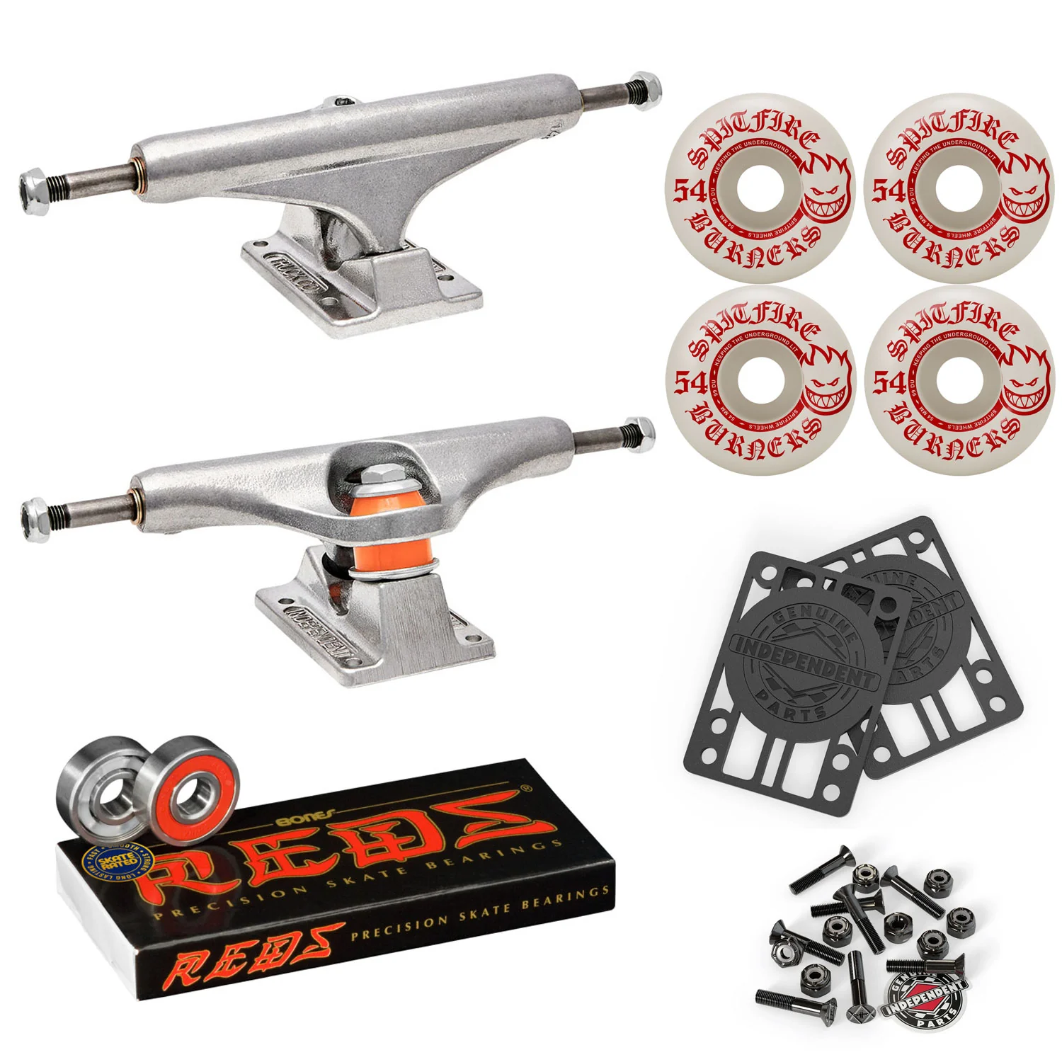 Independent Skateboard Trucks 129 Mid + 54mm Spitfire Burners Wheels, Bones Bearings
