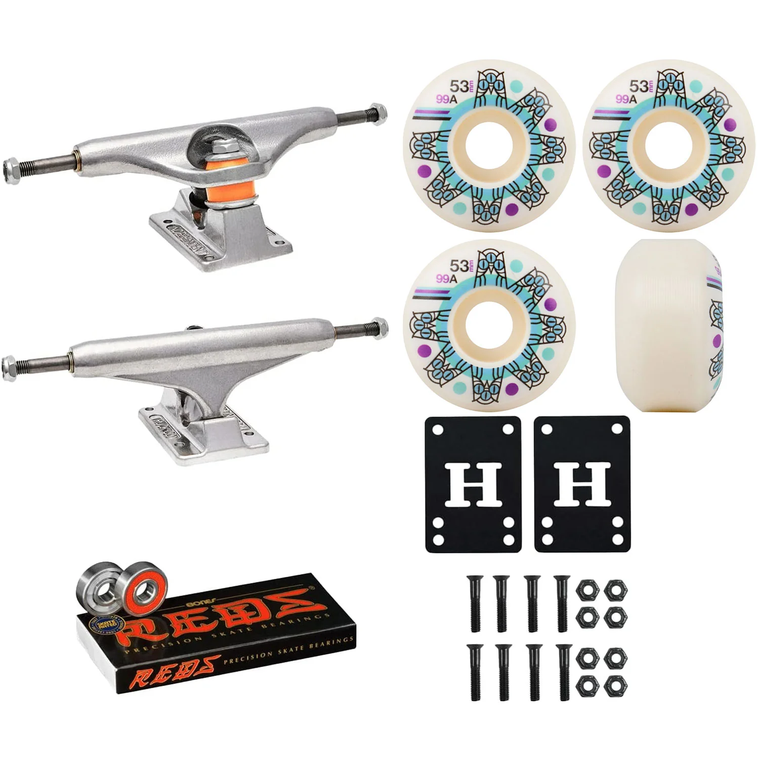 Independent Skateboard Trucks 139 (8.0") Triclops Wheels 53mm 99A White, Bones Reds