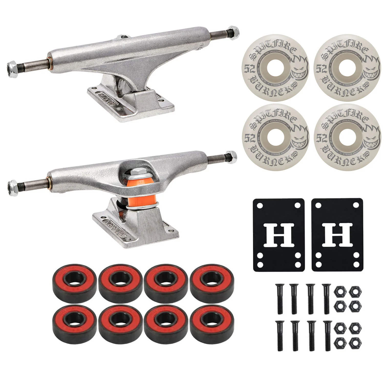 Independent Skateboard Trucks 139 Mid + 52mm Spitfire Burners Wheels, Abec 5 Bearings