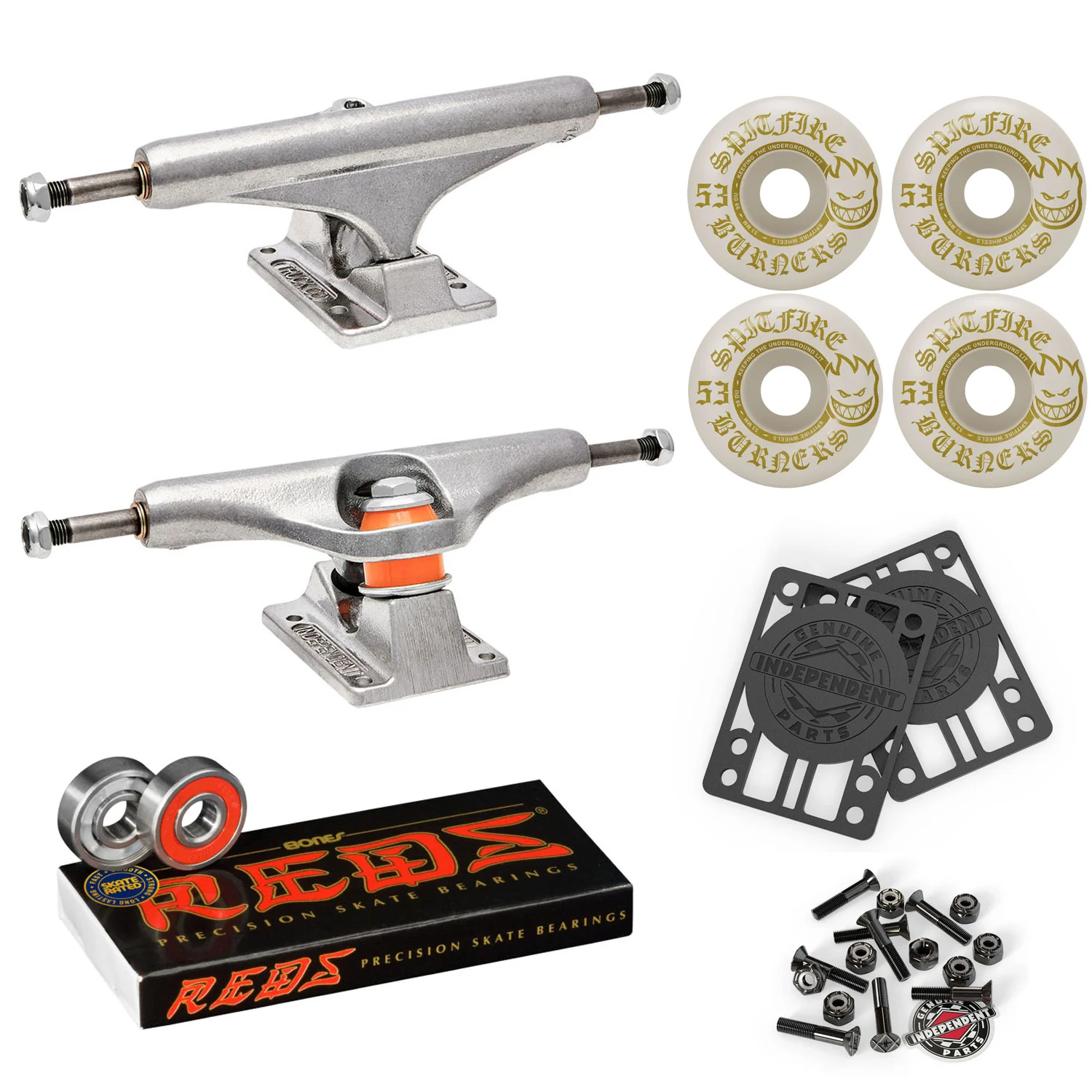 Independent Skateboard Trucks 144 Mid + 53mm Spitfire Burners Wheels, Bones Bearings