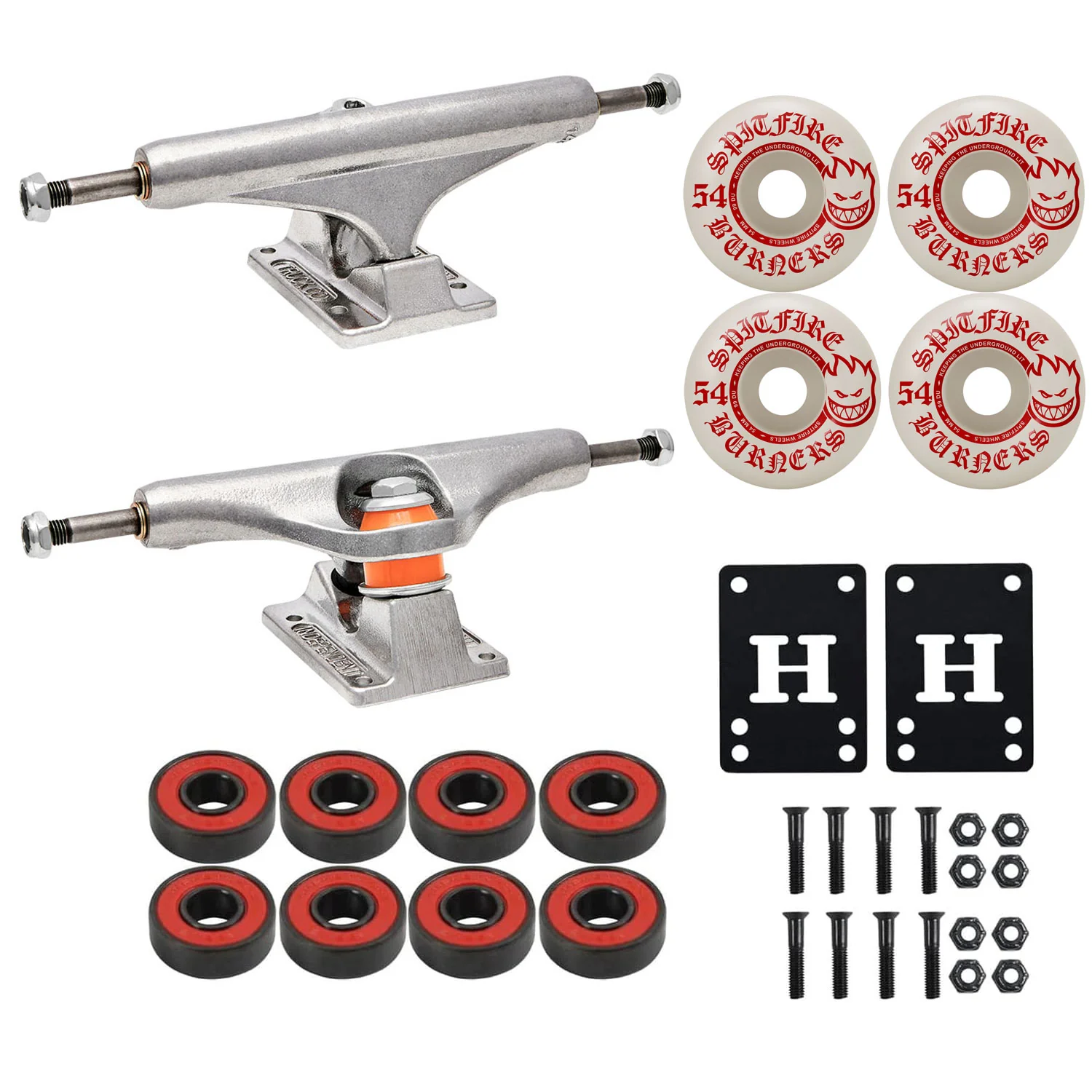 Independent Skateboard Trucks 144 Mid + 54mm Spitfire Burners Wheels, Abec 5 Bearings