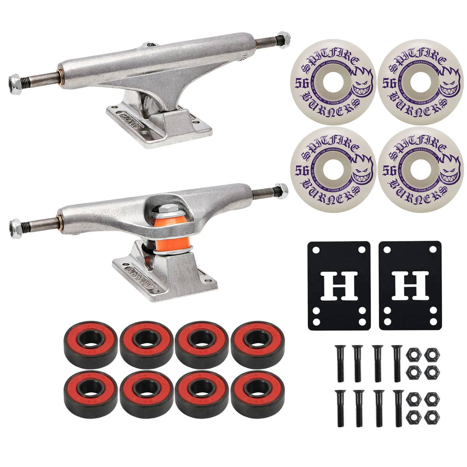 Independent Skateboard Trucks 144 Mid + 56mm Spitfire Burners Wheels, Abec 5 Bearings