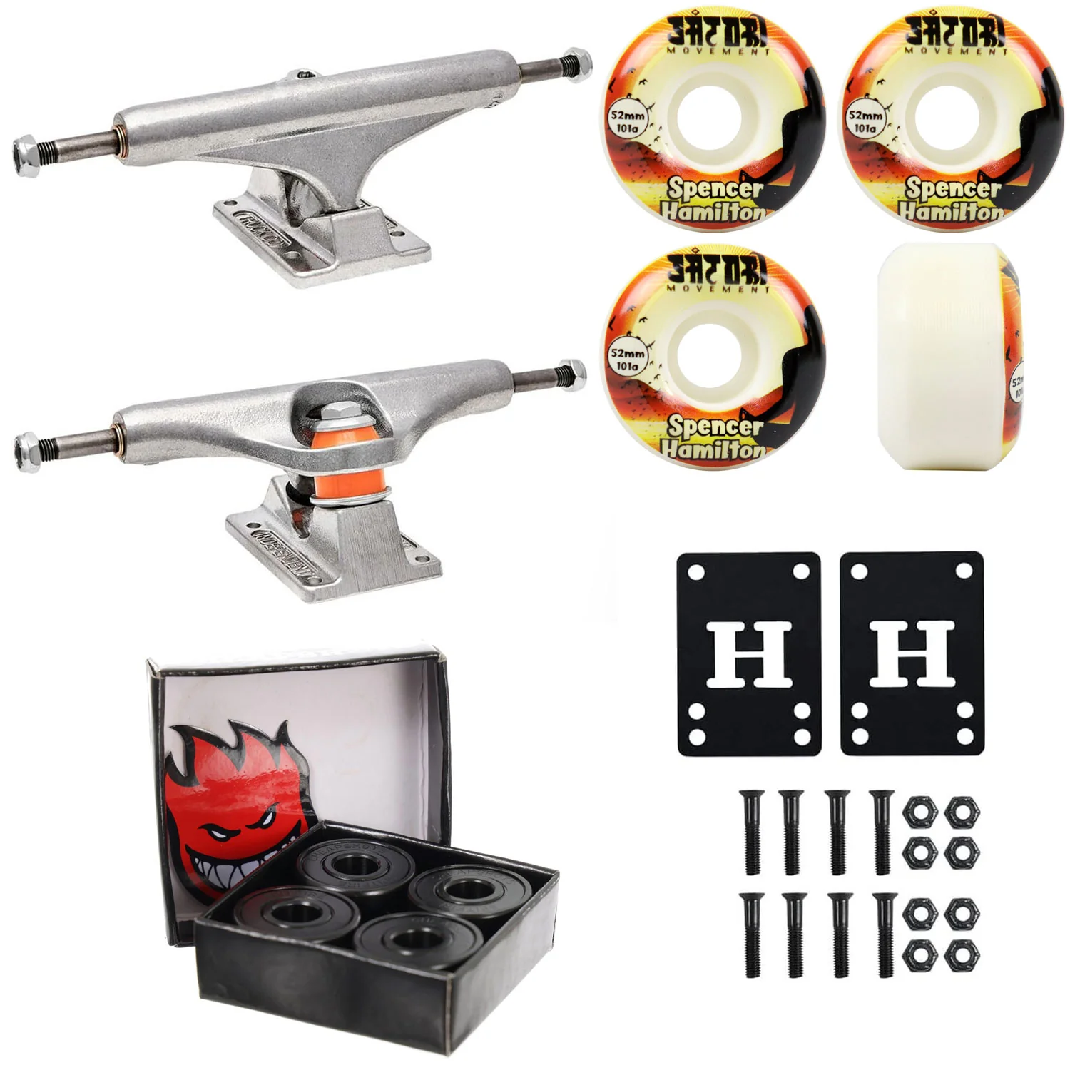 Independent Skateboard Trucks 144 + Satori 52mm 101A Wheels Spitfire Bearings + Hardware