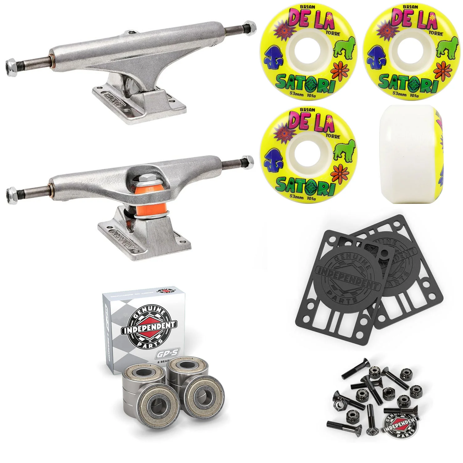Independent Skateboard Trucks 144 + Satori 53mm 101A Wheels Indy Bearings Hardware Risers