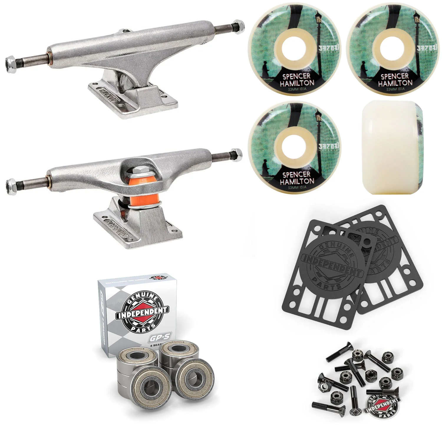 Independent Skateboard Trucks 144 + Satori 53mm 101A Wheels Indy Bearings Hardware Risers