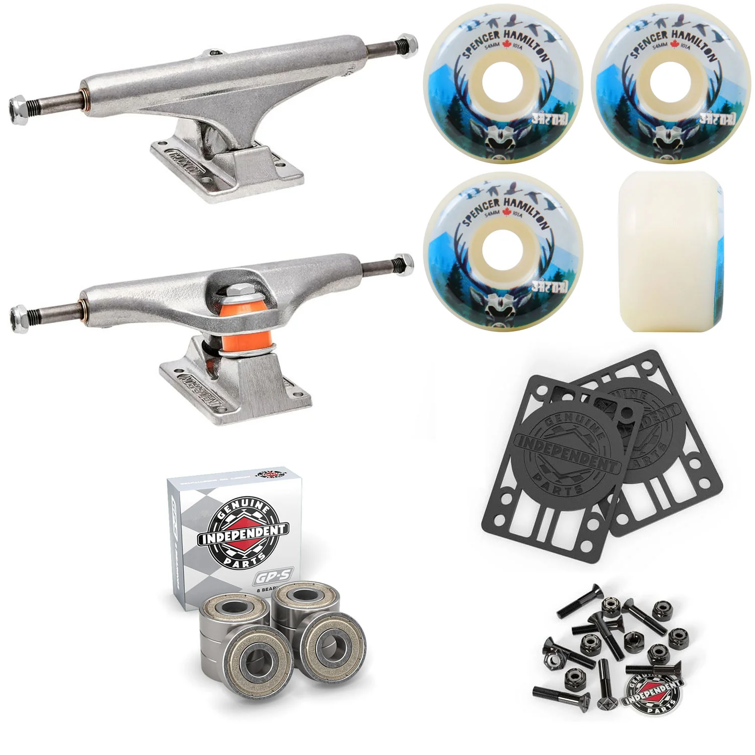 Independent Skateboard Trucks 144 + Satori 54mm 101A Wheels Indy Bearings Hardware Risers