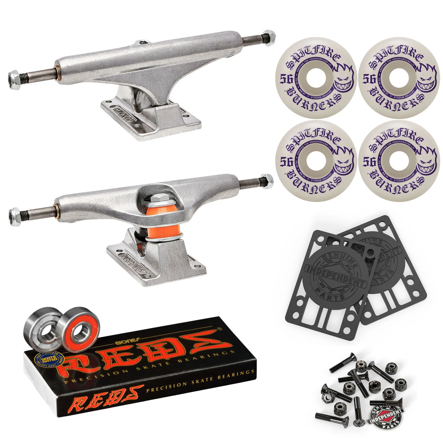 Independent Skateboard Trucks 149 Mid + 56mm Spitfire Burners Wheels, Bones Bearings