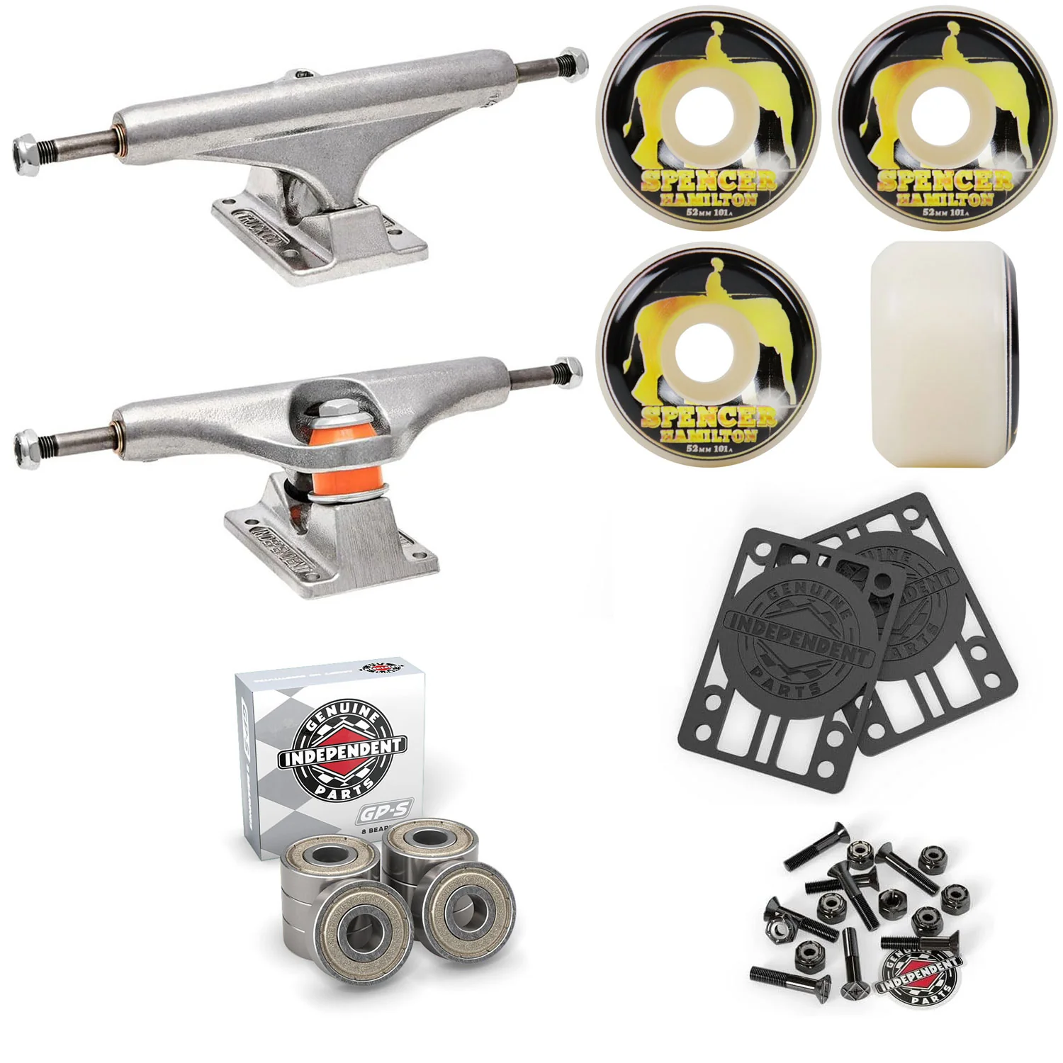 Independent Skateboard Trucks 149 + Satori 52mm 101A Wheels Indy Bearings Hardware Risers
