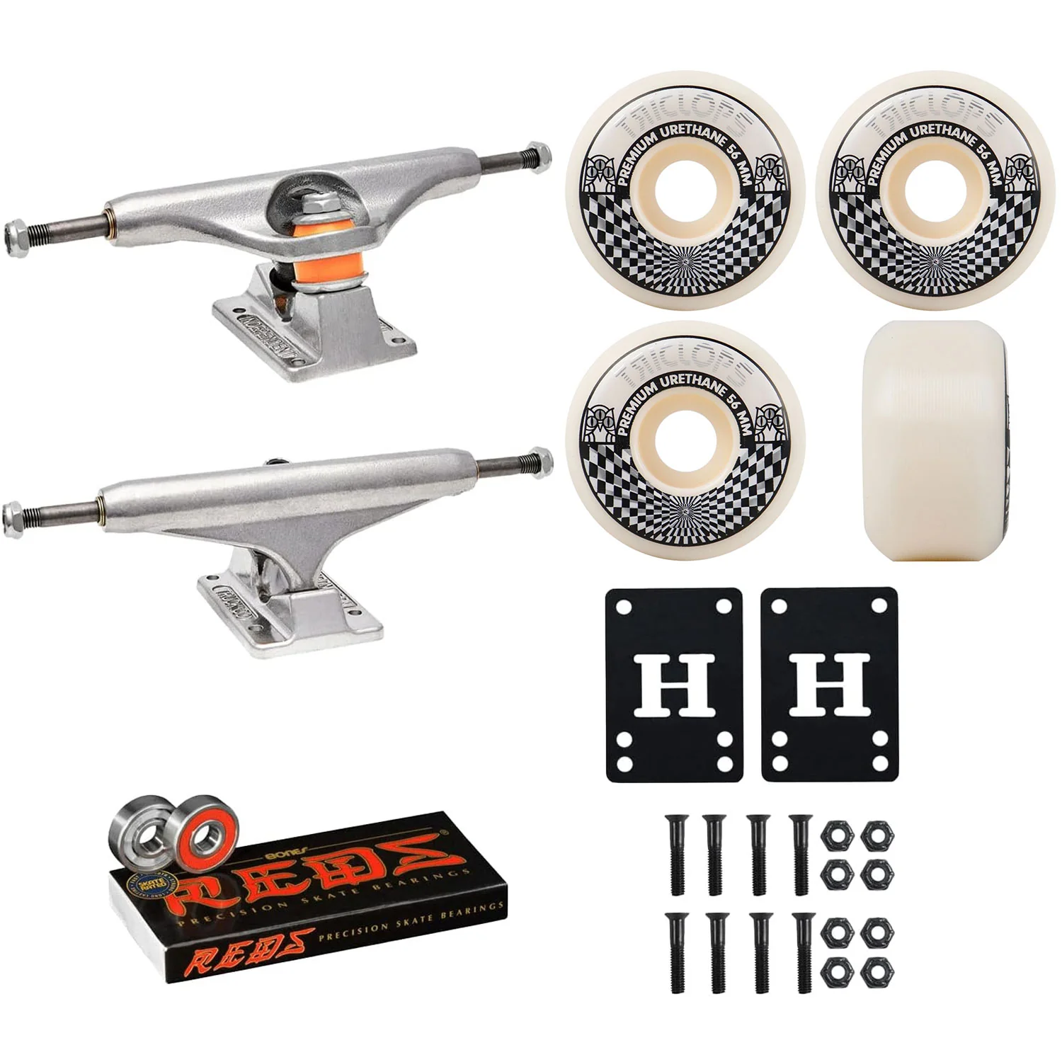 Independent Skateboard Trucks 159 (8.75") Triclops Wheels 56mm White, Bones Reds