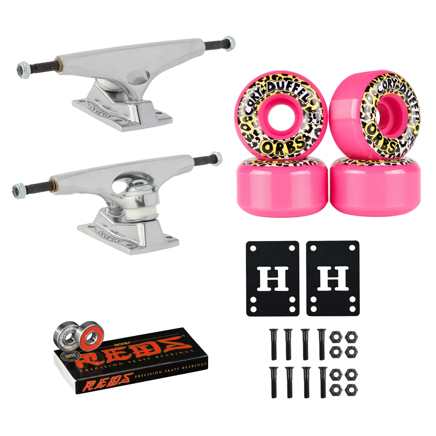 Krux Skateboard Trucks DLK Raw 8.0" Welcome 54mm Wheels, Bones Reds Bearings