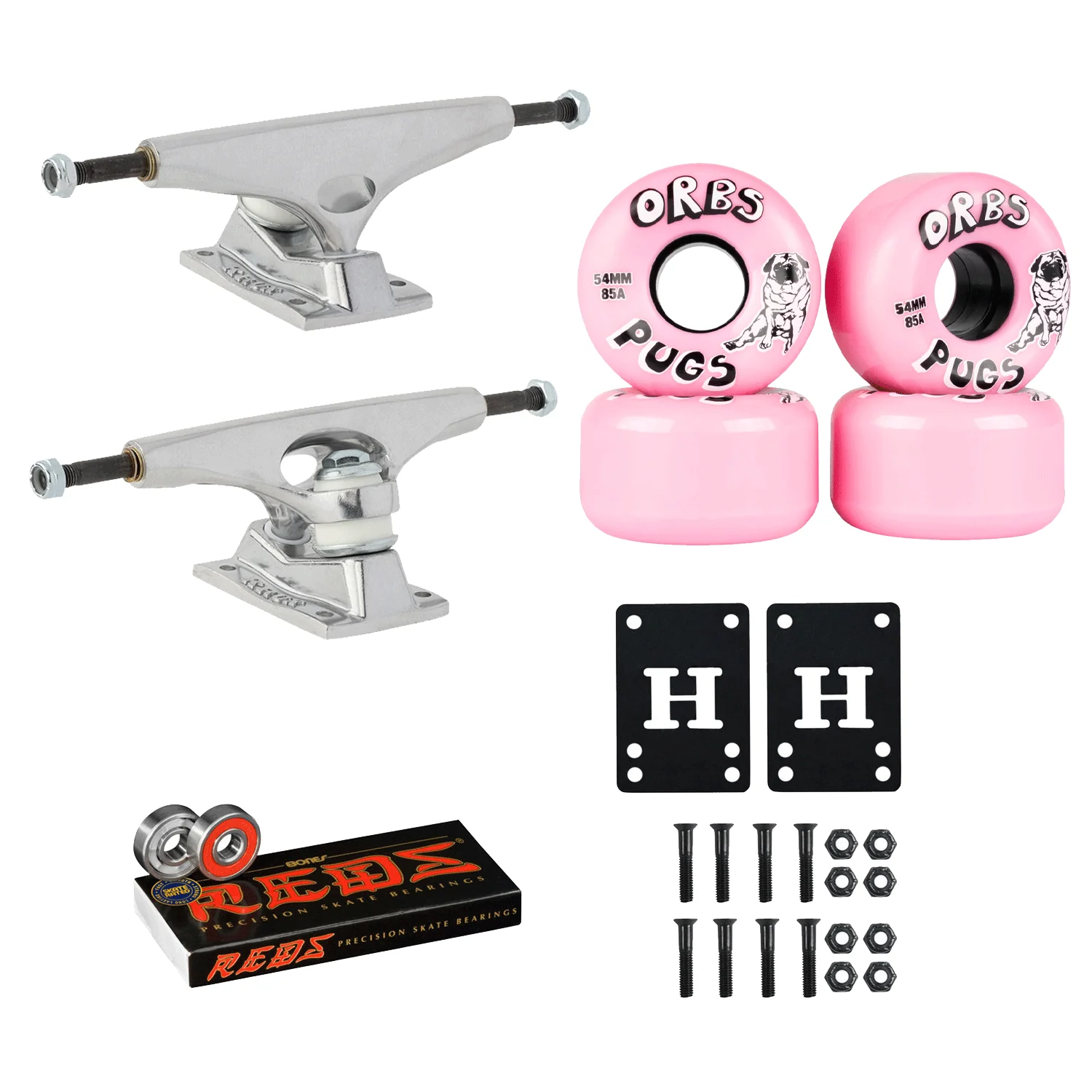 Krux Skateboard Trucks DLK Raw 8.25" Welcome Orb Pug 54mm, Bones Reds Bearings