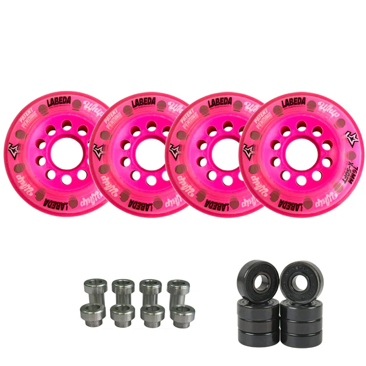 Labeda Whips Roller Hockey Wheels - Pink X-Soft 76mm - 4-Pack with Evo Spacers and Hybrid Ceramic Bearings