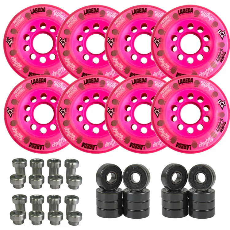 Labeda Whips Roller Hockey Wheels - Pink X-Soft 80mm - 8-Pack with Evo Spacers and Hybrid Ceramic Bearings
