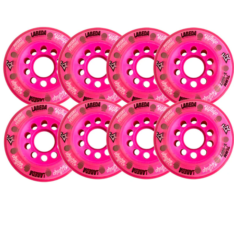 Labeda Whips Roller Hockey Wheels - Pink X-Soft HiLo Set 76mm/80mm - 8-Pack with Evo Spacers