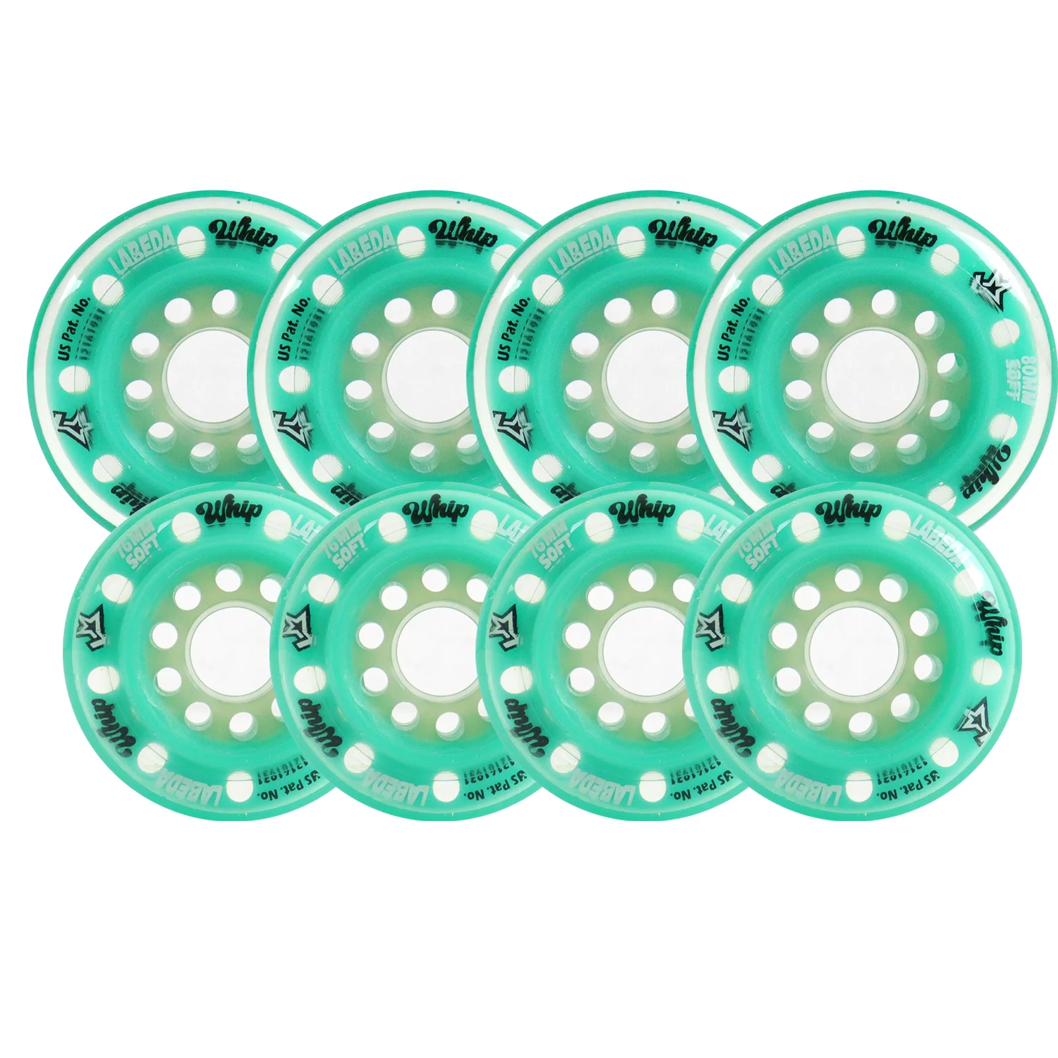 Labeda Whips Roller Hockey Wheels - Teal Soft HiLo Set 76mm/80mm - 8-Pack with Evo Spacers