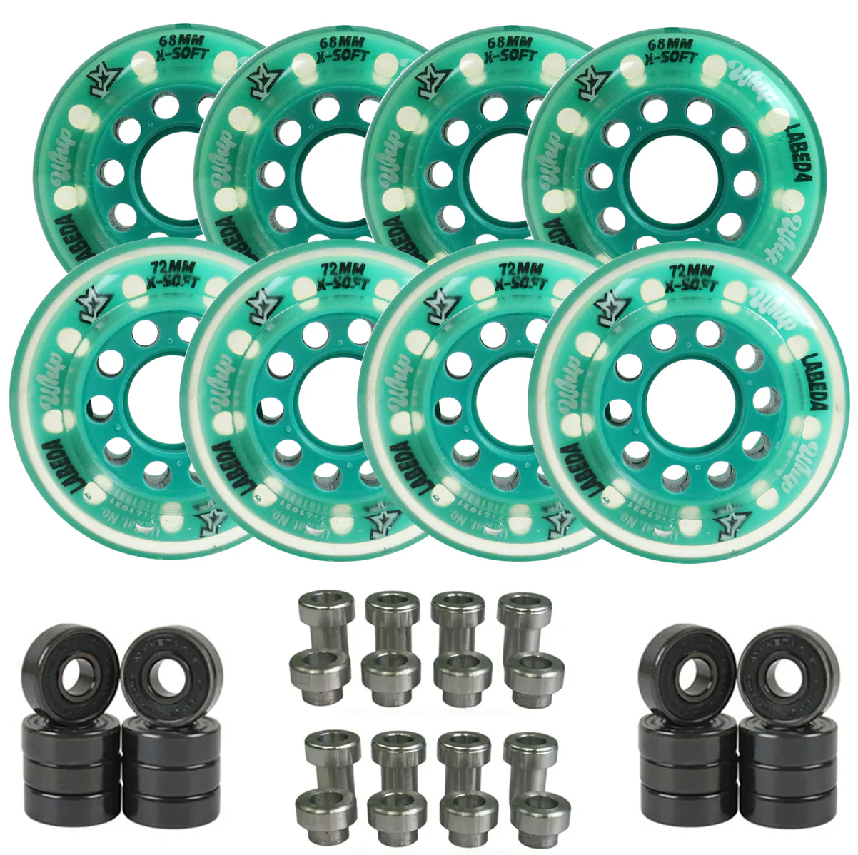 Labeda Whips Roller Hockey Wheels - Teal X-Soft Youth HiLo Set 68mm/72mm - 8-Pack with Evo Spacers and Hybrid Ceramic Bearings